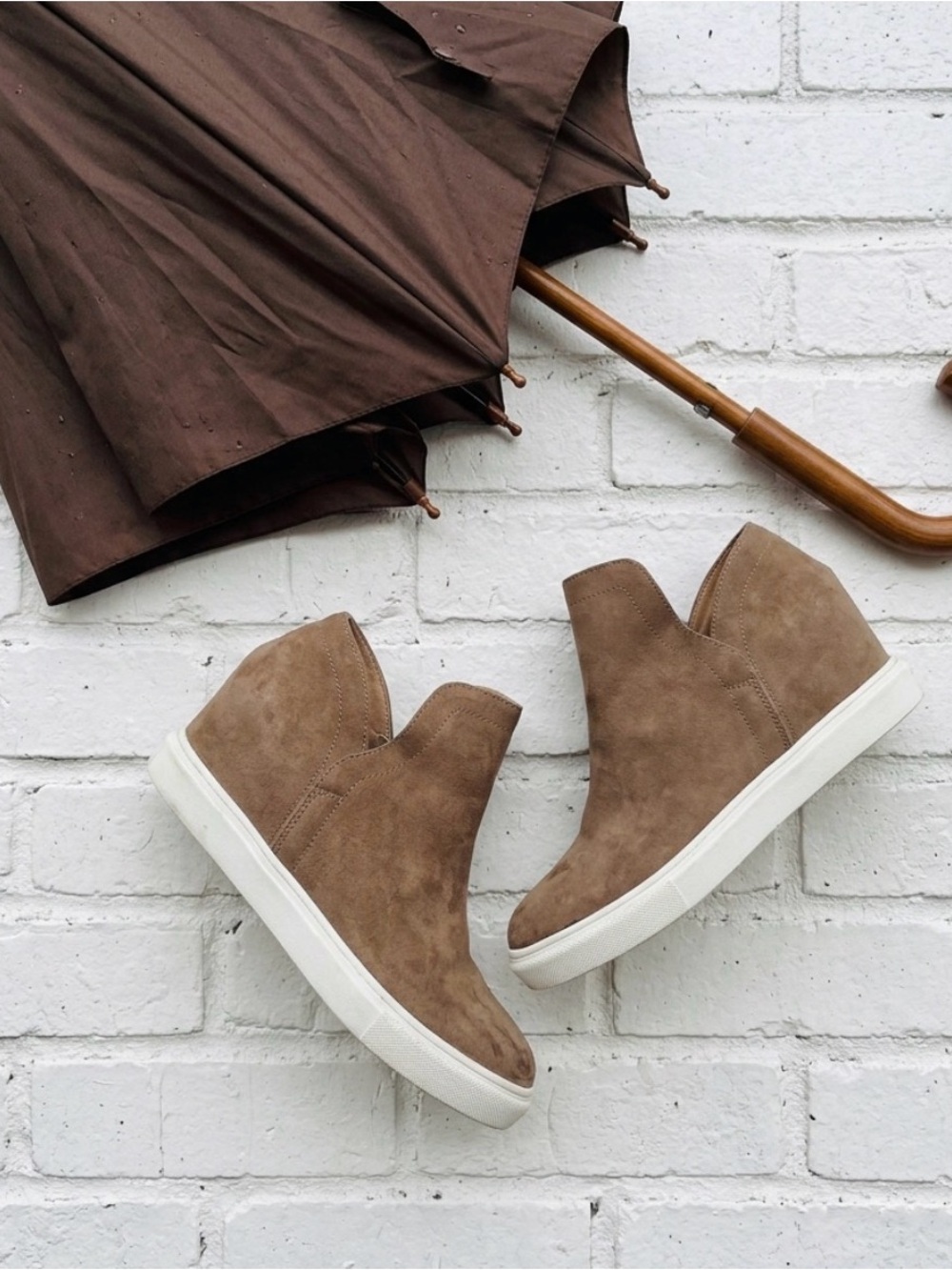 Women’s Tan Suede Wedge Sneaker Booties - Stylish Slip-On Ankle Boots. Size 8.